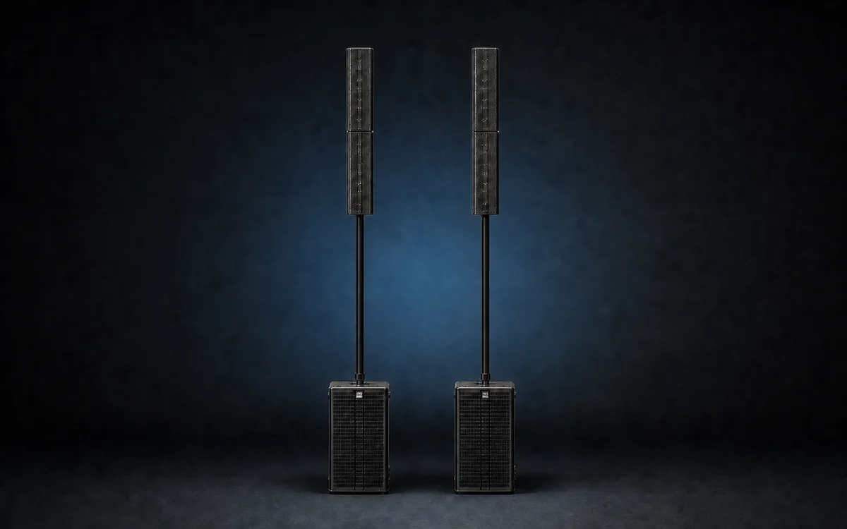 Två HK Audio Elements-system med pelarhögtalare och basmoduler