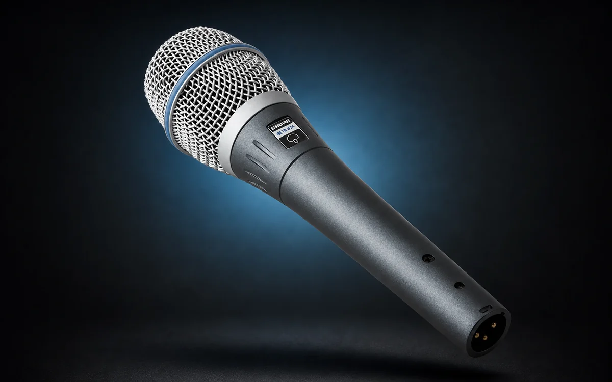 Shure Beta 87A kondensatormikrofon med silvergaller och blå ring