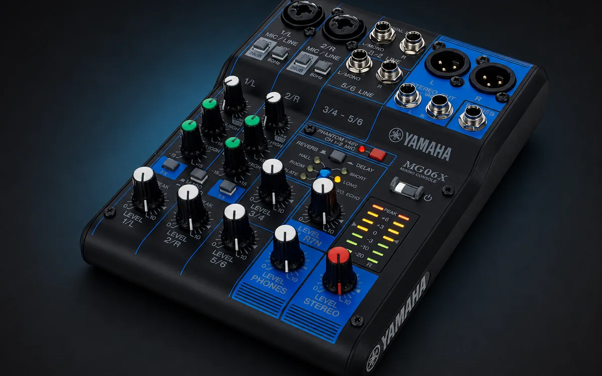 Yamaha MG06X kompakt ljudmixer sedd snett ovanifrån